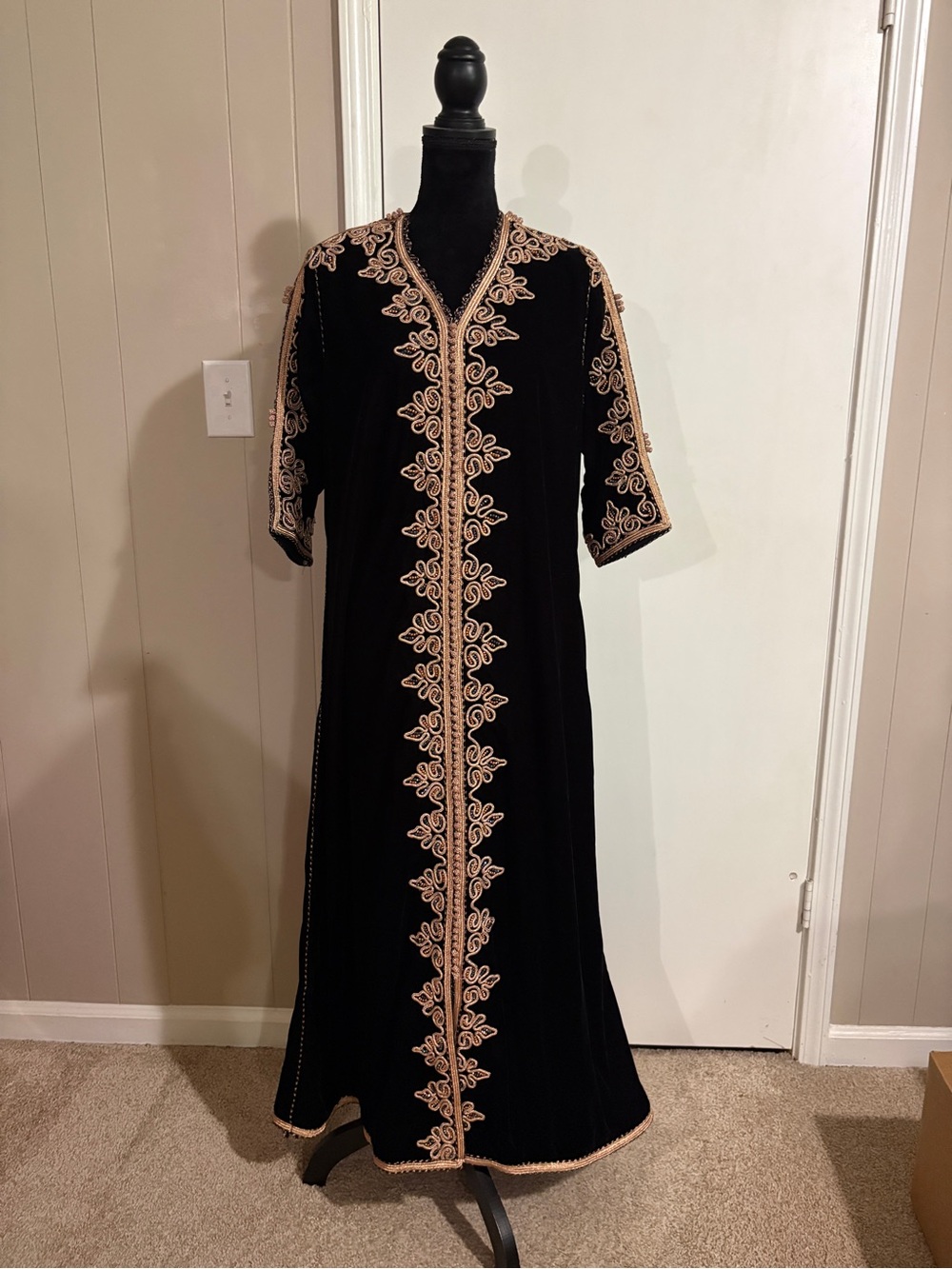 Black Embroidered Velvet Kaftan with Gold Trim